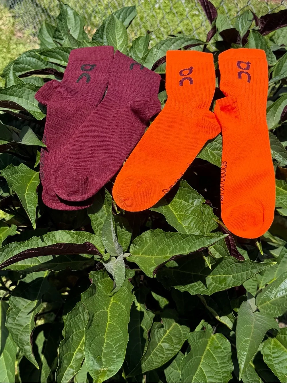 On Running Cloud Socks set of 2 Size Large in Bright Orange and Deep Burgundy